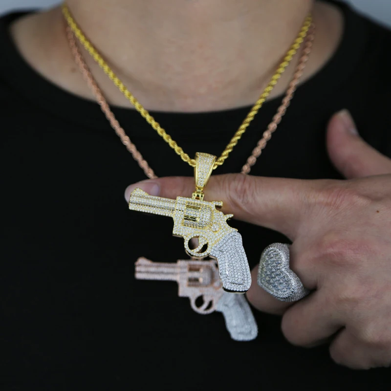 Iced Out Bling Hip Hop CZ Revolver Gun Pendant Necklace Gold Color Cubic Zirconia Pistol Charm Necklaces Men Fashion Jewelry