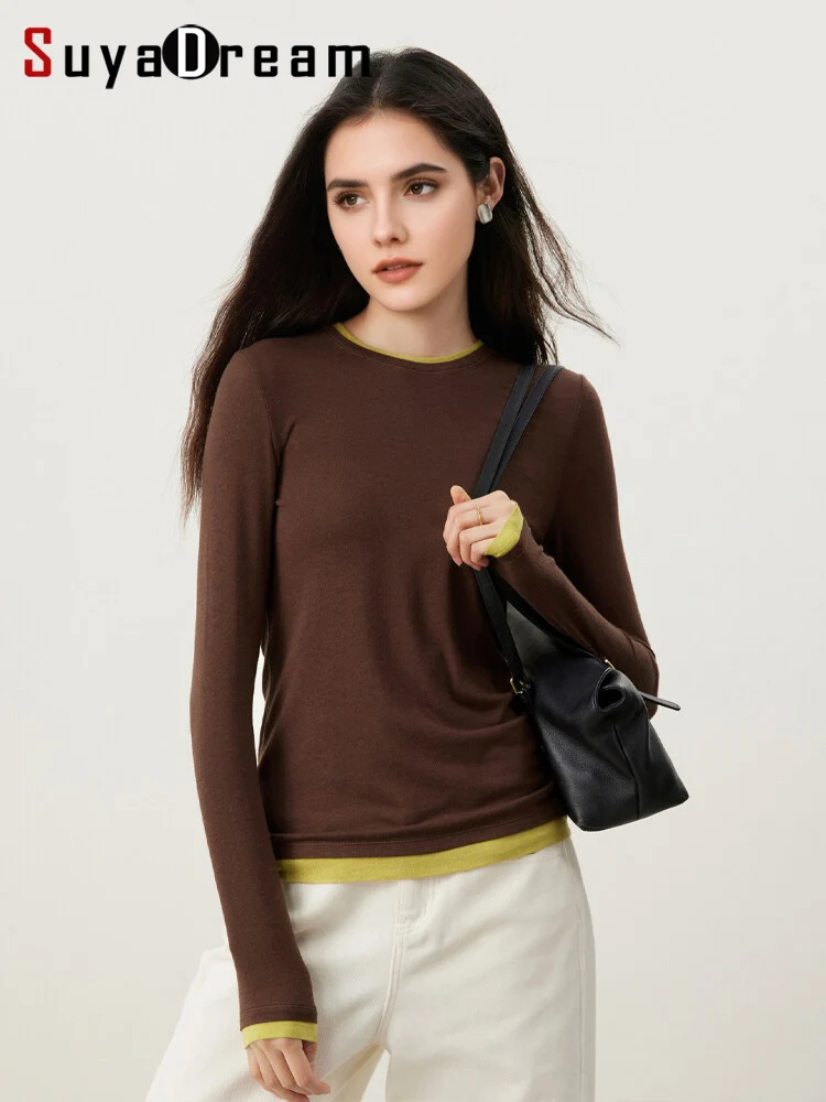 

Женская термофутболка SuyaDream, смесь шерсти и хлопка, контрастный круглый воротник, базовая уютная футболка, однотонный топ на осень-зиму 2025, карамель