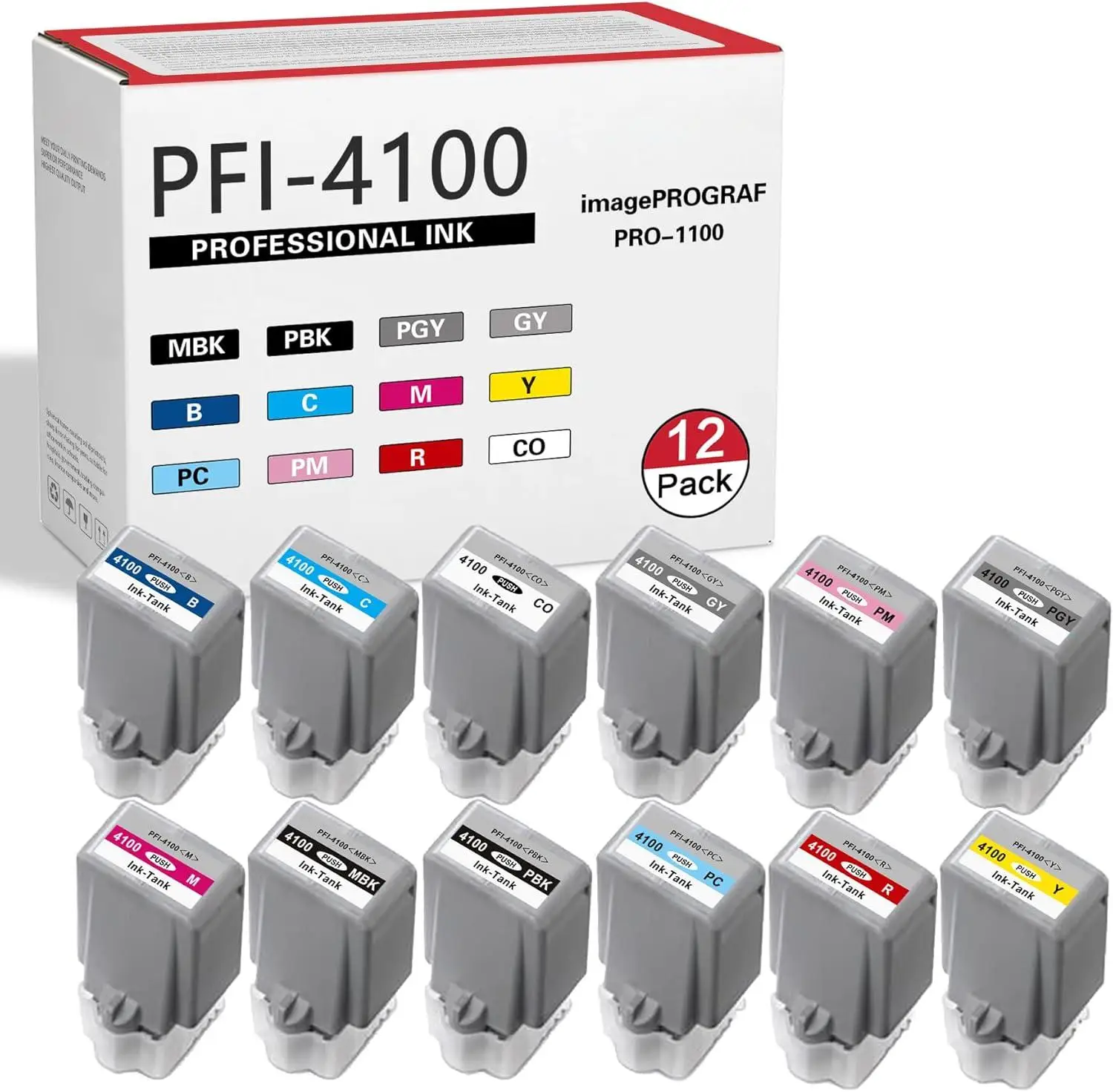 PFI-4100 Ink Cartridges12-Pack (MBK PBK C M Y R GY B PGY PC PM CO) - High Capacity Compatible for Canon imagePROGRAF PRO 1100