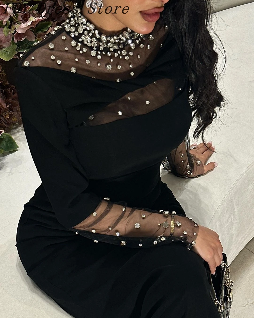 

Customized Black Long Sleeves Prom Dresses Pleated Satin Beadings Floor Length Formal Party Dresses vestidos de fiesta