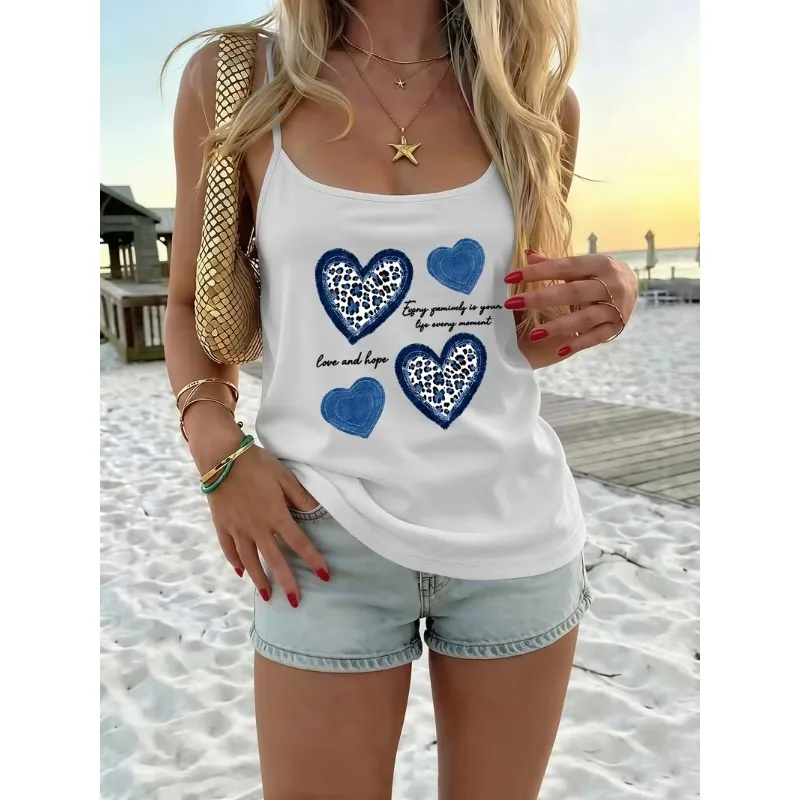 Casual Women Spaghetti Strap Tank Top Leopard Heart Slogan Print Sleeveless Camisole Y2K Aesthetic Holiday Daily Wear Vest Tops