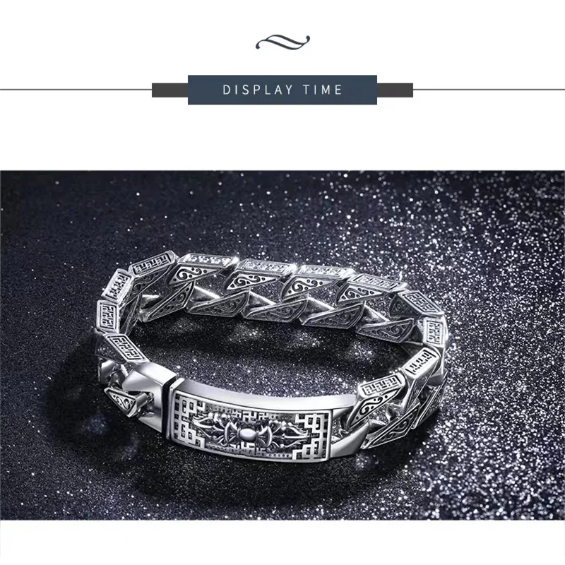 S925 Silver Retro Old Six-Character Truth Bracelet Personality Fashion Diamond Pestle Men's Tank Chain Horse Whip Silver Bracele