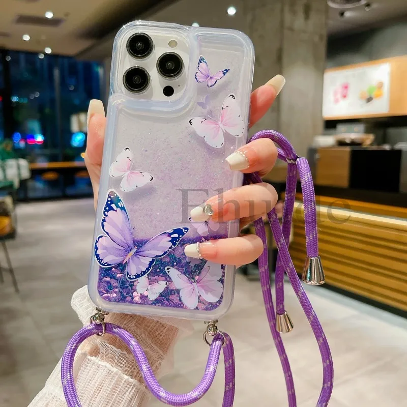 Treibsand-Blumen-Hülle für iPhone 17, 16, 14, 15, 13, 11, Pro Max 12, Mini X Plus 16E, transparenter Riemen, flüssiger Glitzer, Umhängeband-Abdeckung – Detail 15