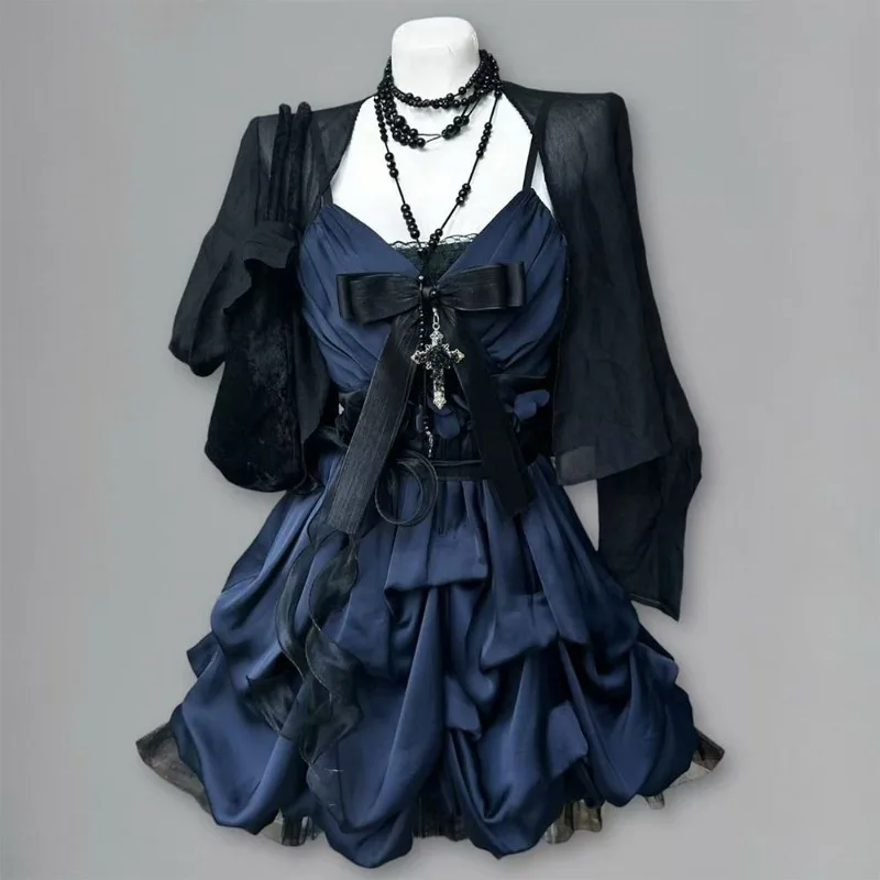 Japanese Gothic Lolita 2 Piece Sets Women Black Cardigan Big Bow Layered Ruffle Slim Dresses Vintage Sweet Party Dress Outfits