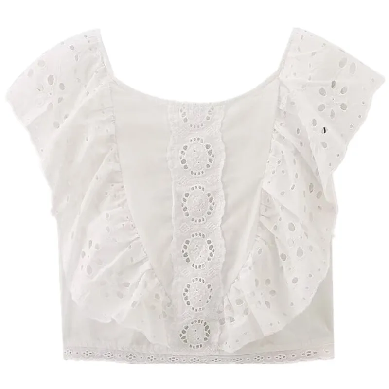 بلوزة نسائية صيف 2024 بتصميم أنيق ومتعدد الاستخدامات، مطرزة بتفاصيل مجوفة متعددة الطبقات، ذات خصر مرتفع ورقبة مستديرة بدون أك...