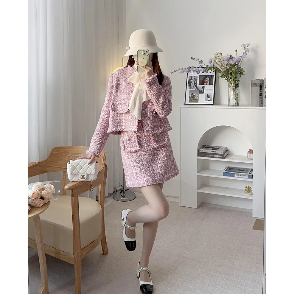 

Selfwill Spring 2025 Women's Faion Set with ort Tweed Jaet Skirt Waist Bag Satchel Strap Dr Sakura Pink Long Sve
