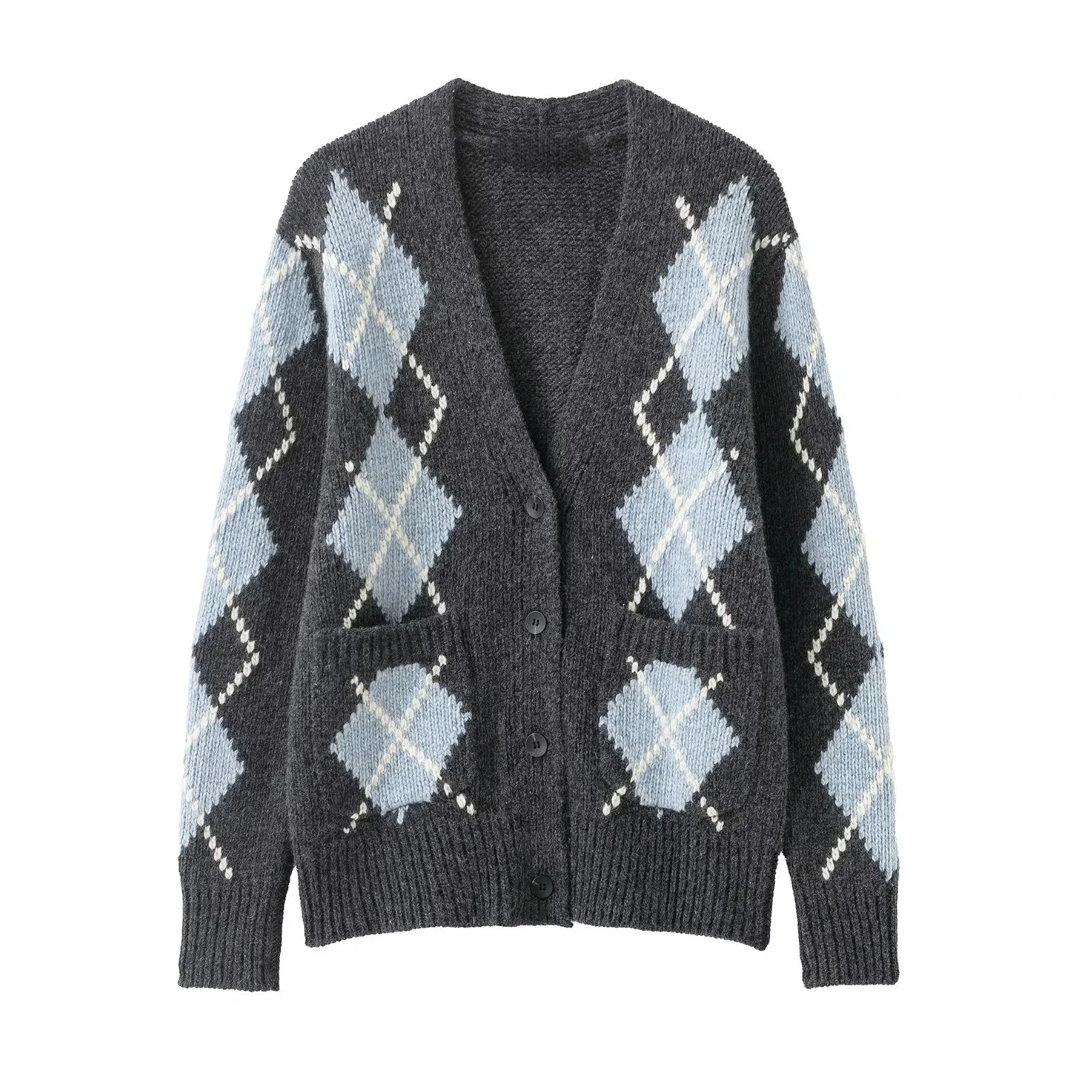 

new women's casual sweet and fashionable loose V-neck long sleeved diamond patterned knitted cardigan jacket