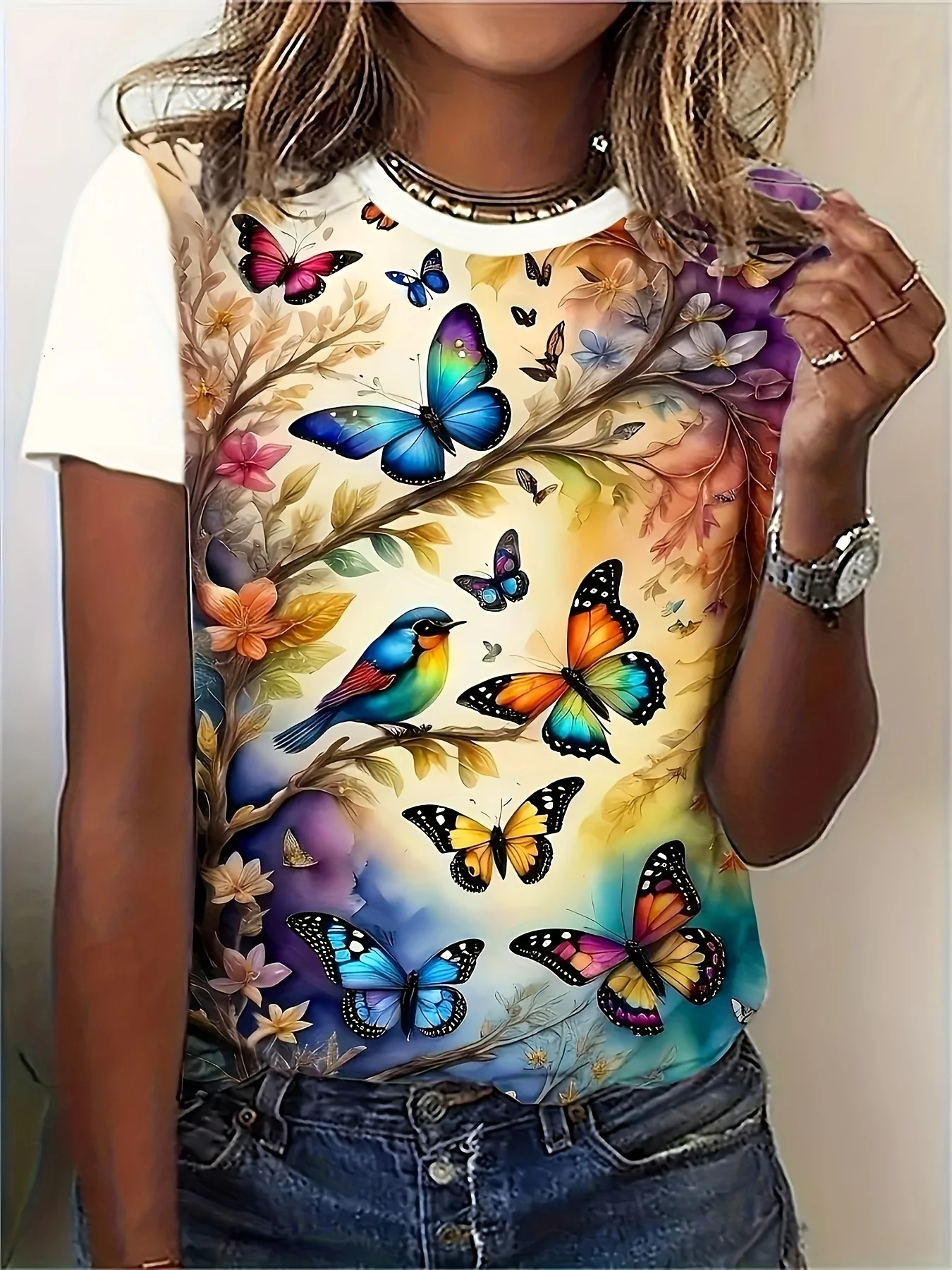 Blue Fantasy Women's Tee - Glowing Butterfly Graphic, Vibrant Iridescent Print Design for Casual Daily Wear
