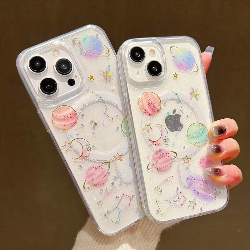 Luxury Wireless Charging Magnetic Clear Phone Case For iPhone 13 11 13 14 15 Pro Max  Glitter Planet Stars Soft TPU Back Cover