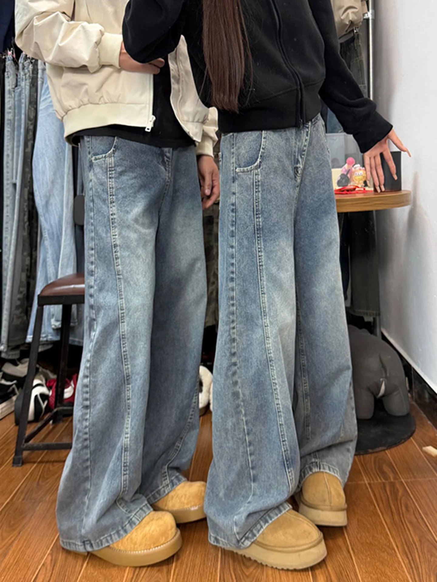 

American Sle Fce Lined Wide Leg Jeans Men's Winter Straight Cut Angle Blade Workwear Trousers High Street Vibe Flared