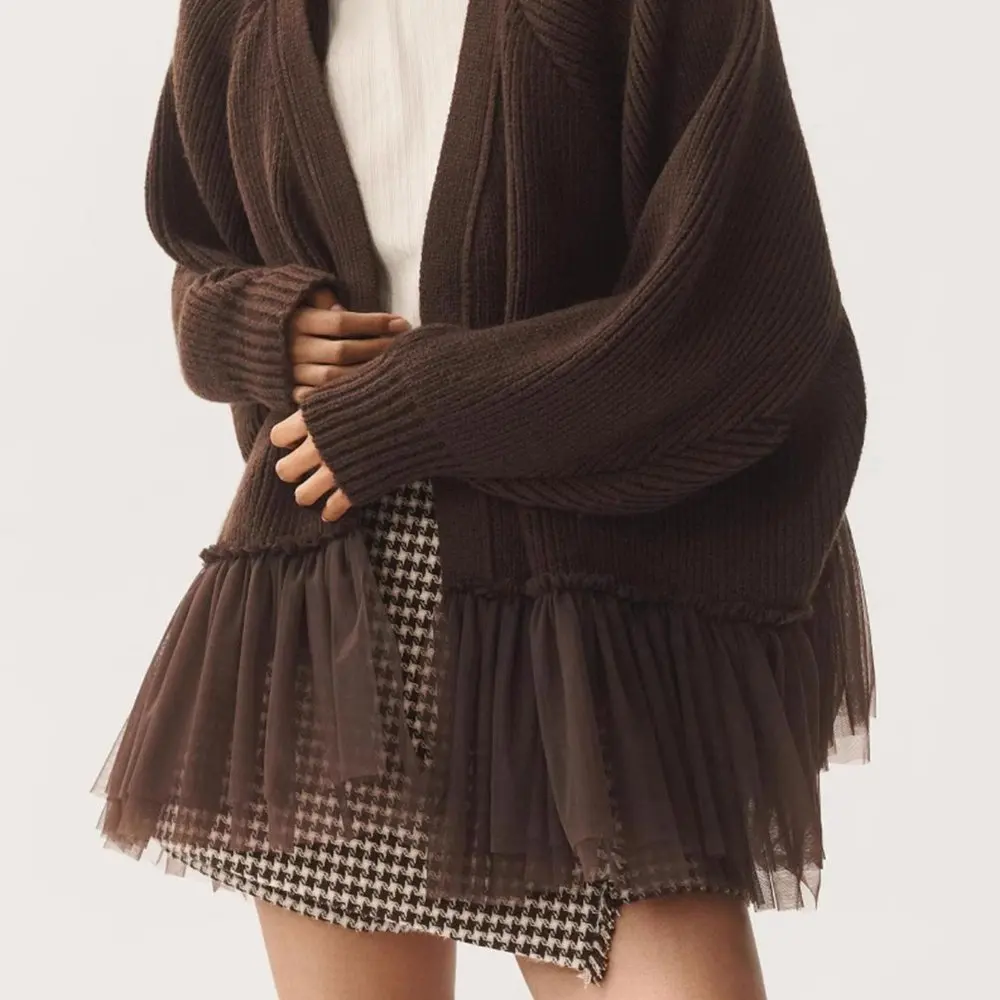 

Женский сетчатый вязаный свитер с рюшами, кардиган, топ с длинными рукавами, осенняя одежда в европейском и американском стиле