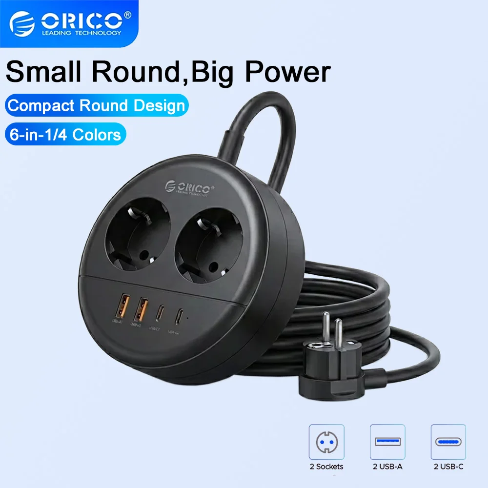 ORICO EU desktop multi-contact power strip PD20W Fast Charge 1.5M 3M Extension Power Cord 2 USB-A and 2 Type-C Port EU Adapter
