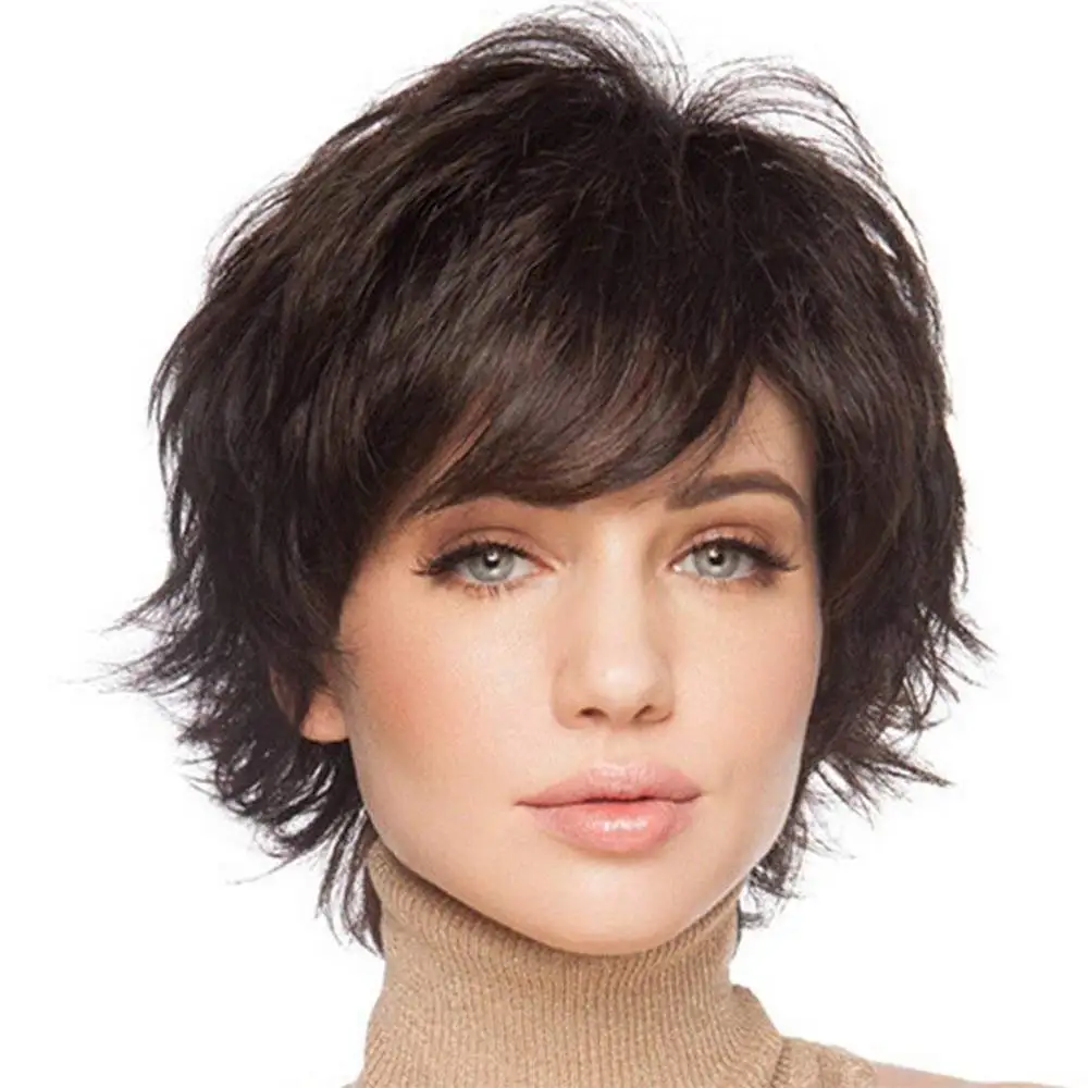 Dark Brown Pixie Cut Wig For Women, Short Wigs With Bangs, Fiber & Remy Human Hair Blend,Natural Daily Use Hair Wig