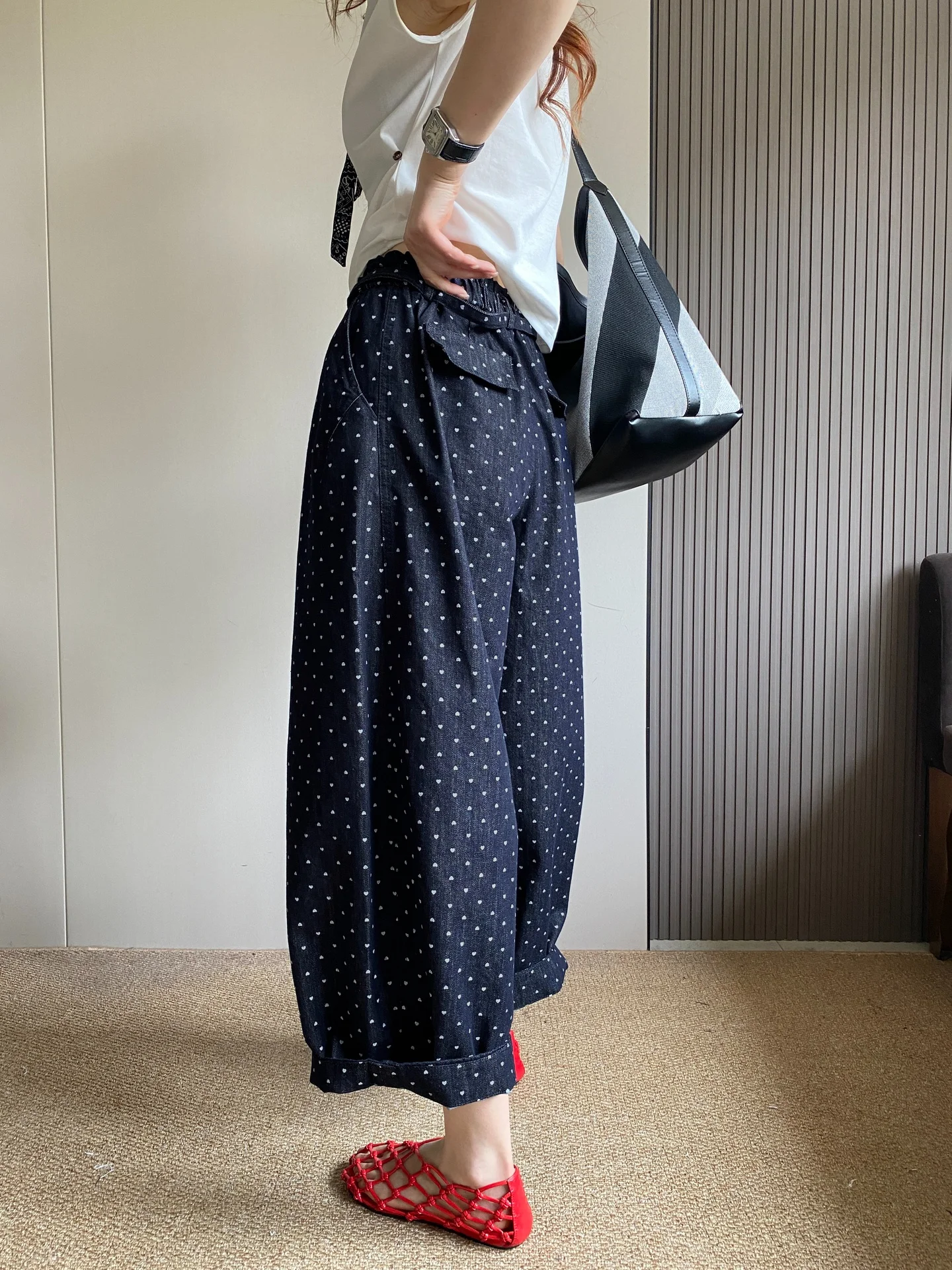 

High Waist Wide Leg Polka Dot Denim Pants Women's Spring Summer New Style Loose Fit Slimming Nine Point Balloon Pants