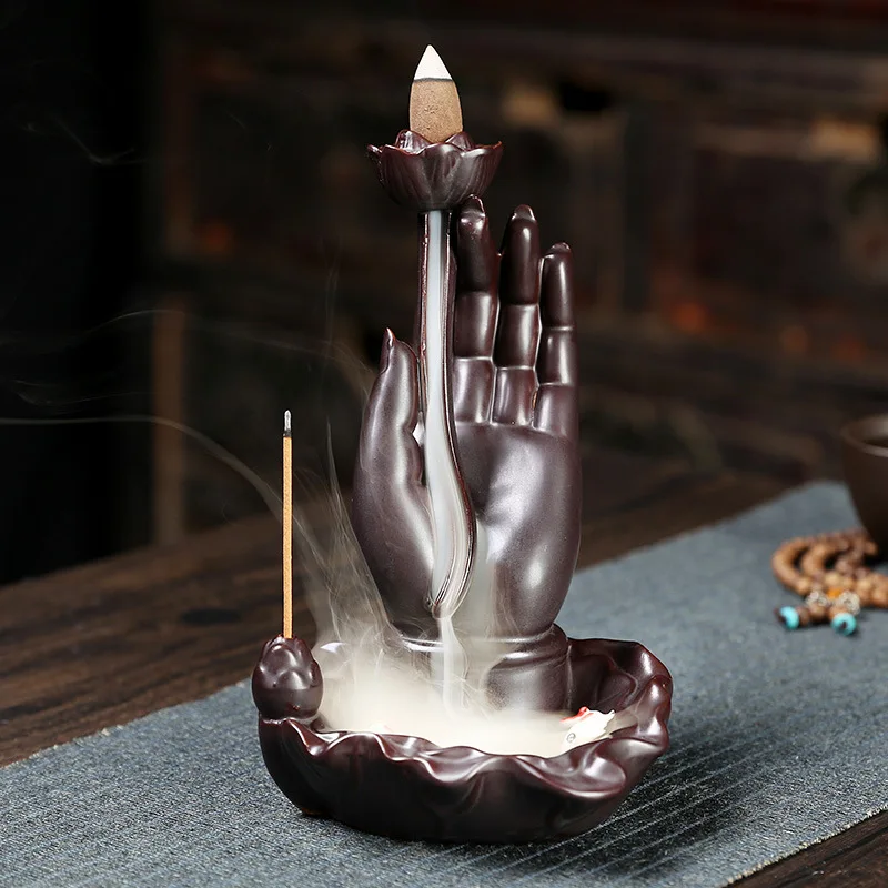 Ceramic Handicraft Buddha Hand Home Ornaments Bergamot Waterfall Backflow Incense Fish Stick Holder