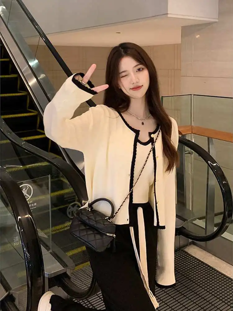 Chic Korean Sle Women's Long Sve Crop Top And Vest Set Slim Fit Casual Outfit Two Piece Ensemble Autumn Faion