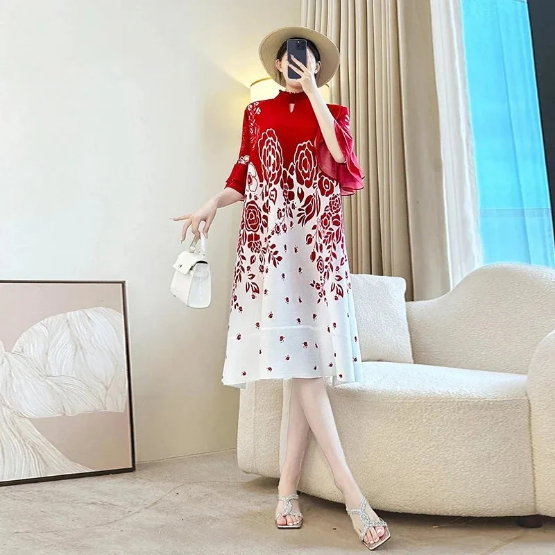 

ALSEY Miyake Standing Neck Printed Women's Pleated Dress Flared Sleeve Elastic Knee Dress 2025 Summer New Fashion Casual Skirt