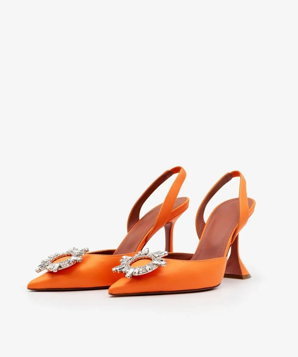 Women's Orange Satin Begum Crystal-embellished Slingback Sandals