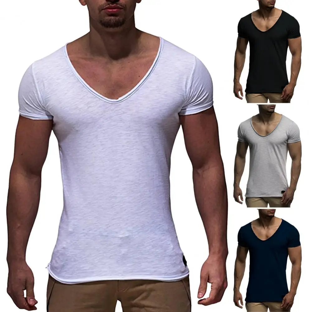 Men Slim Fit V-neck T-shirt Men\'s V Neck Summer T-shirt Soft Slim Fit Breathable Sport Top for Wear Short Sleeves Solid Color