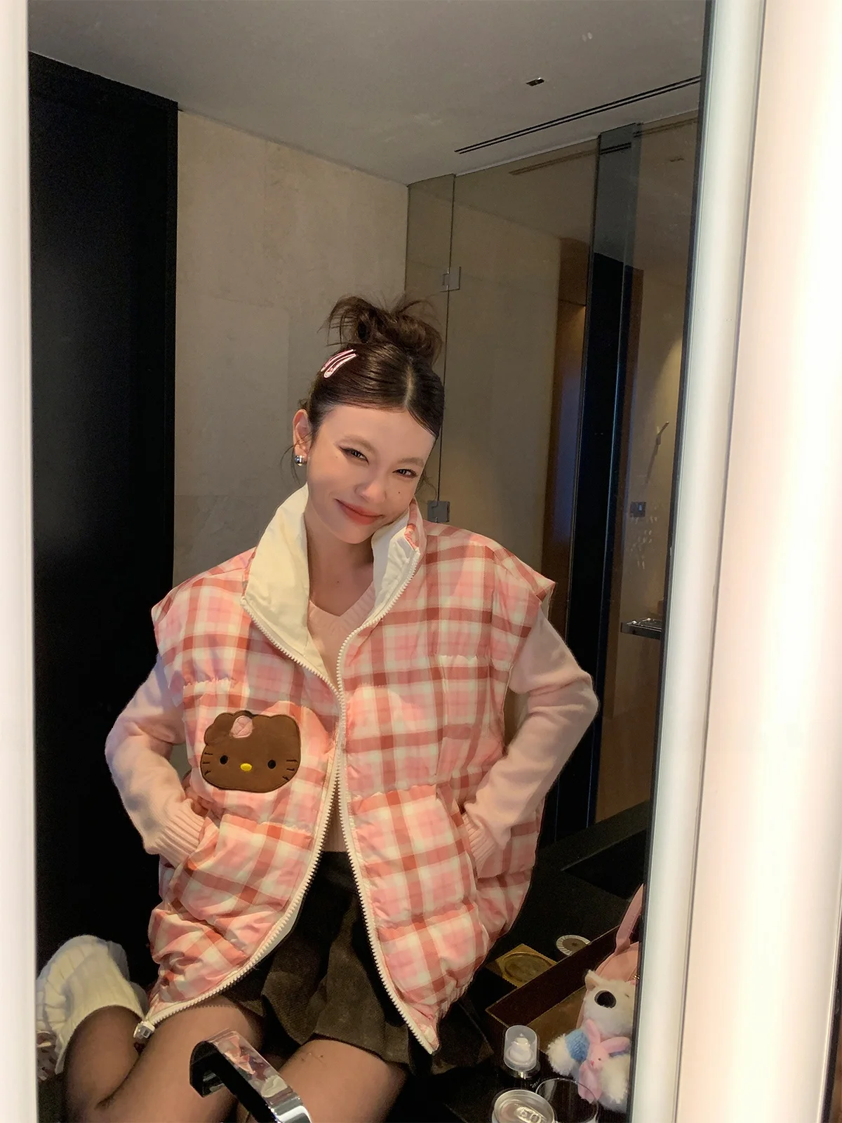 

Женская куртка Sweet Style Kitty: хлопковый жилет, короткая свободная черная кожаная куртка в корейском стиле с круглым вырезом и застежкой-молнией