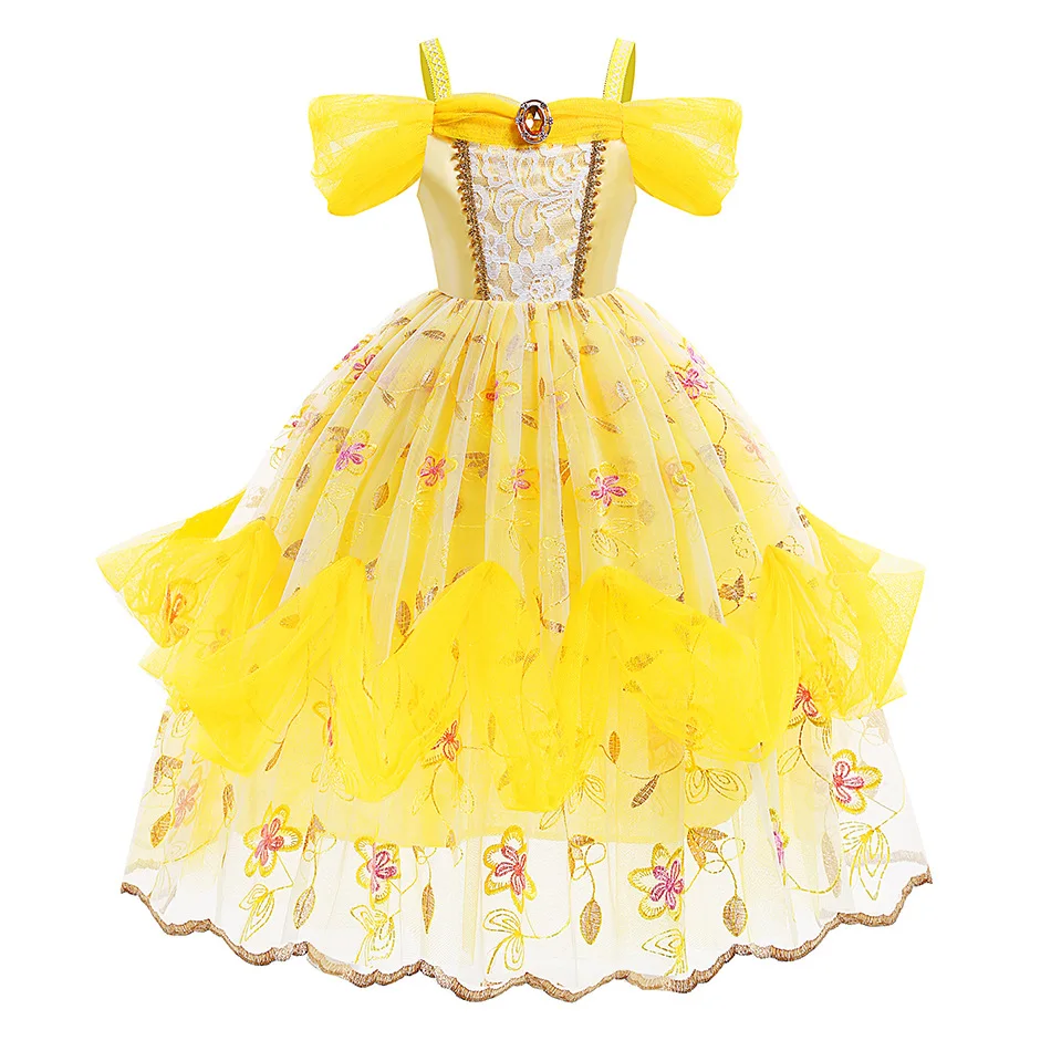 Child Royal Belle Ball Gown Fancy Princess Costume Beauty and Beast Halloween Cosplay Kids Birthday Fantasy Yellow Party Dress