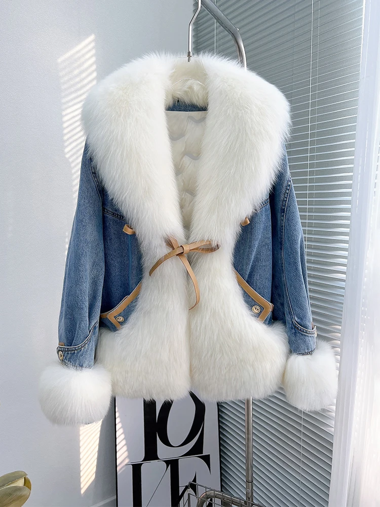 Fur CoatNew Oversized Fox Fur Navy Collar White Goose Down Liner Down Denim Pie Overcome Women