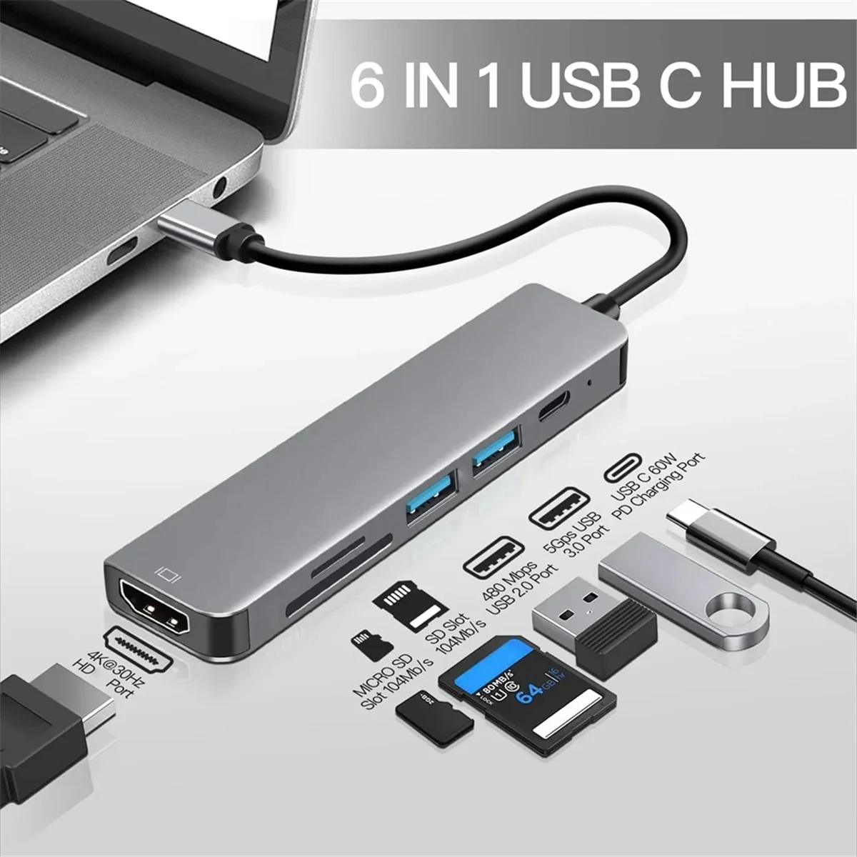 منتج AT59 6 في 1 USB من النوع C Hub متوافق مع HDMI 4K USB 3.0 PD محور شحن سريع إلى إيثرنت Rj45 Lan