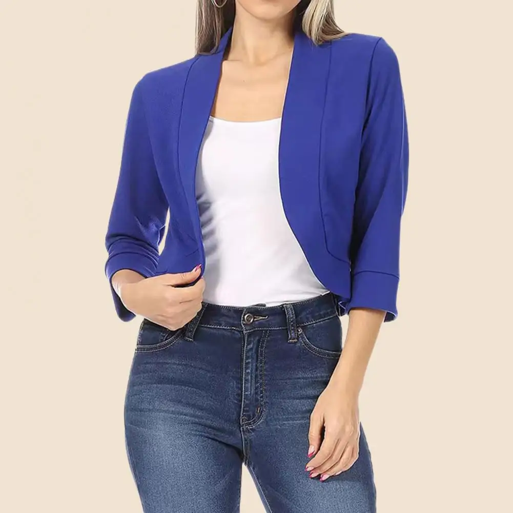 Cropped Women Blazer Temperament Cardigan All-match 3/4 Sleeve Office Suit Jacket Slim Fit No Button Business Coat Outerwear