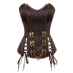 Steampunk Middeleeuwse Vrouwen Rits Stijl Spiraal Staal Bot Lederen Corset Bustier Top Sexy Gothic Bruin Halloween Party Kostuum