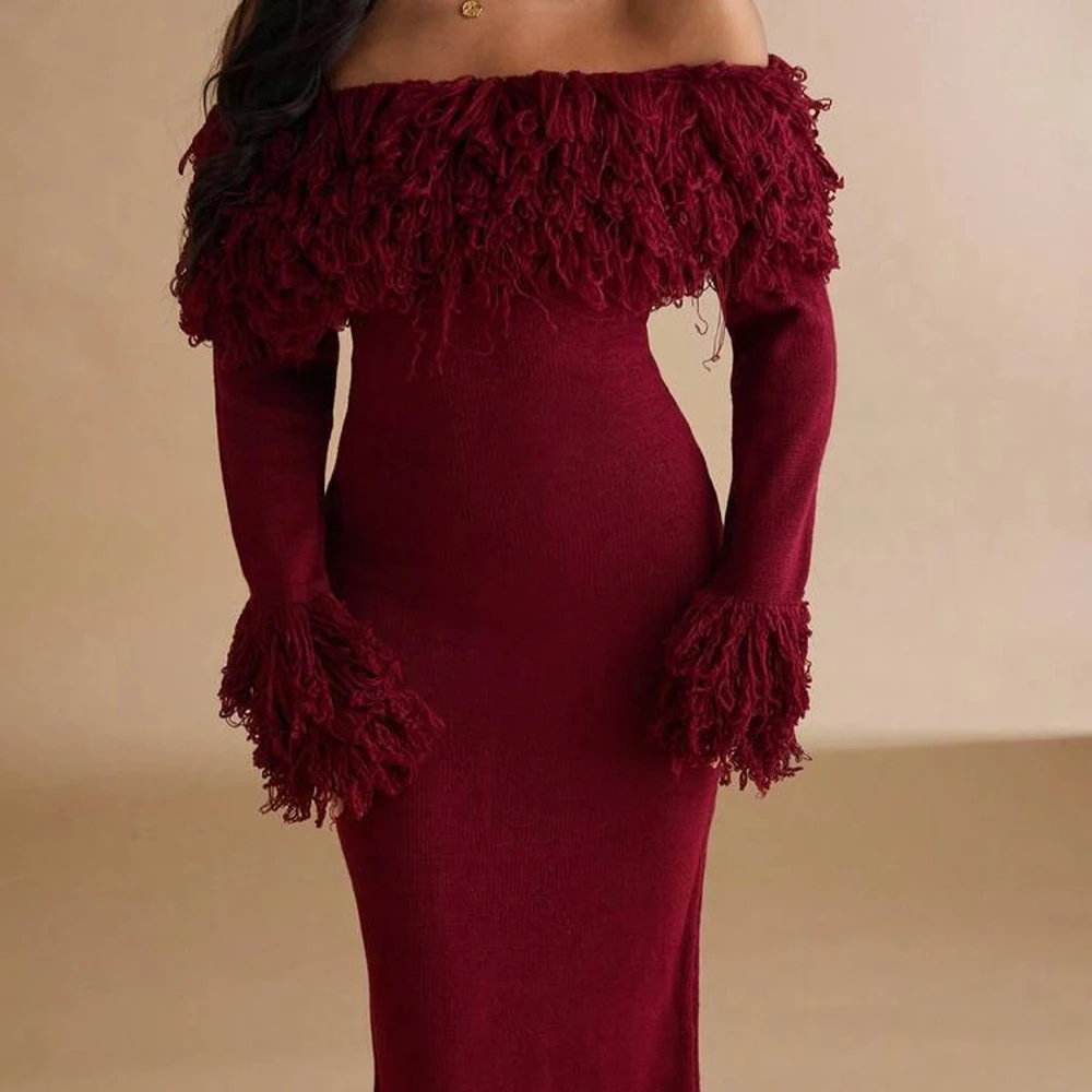 맞춤형 스트레이트 이브닝 드레스 티 길이 오프숄더 긴 소매 프롬 가운 심플 패션 백리스 캐주얼 파티 가운