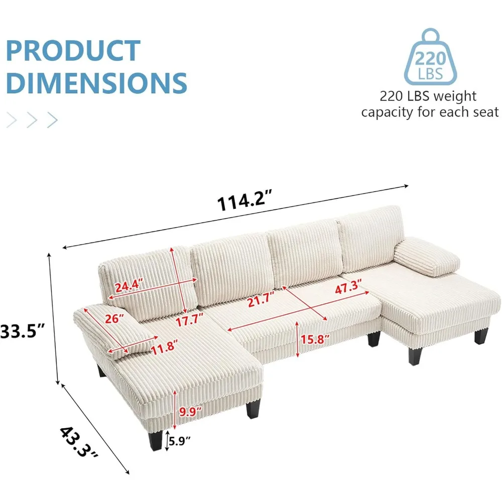 Sofá secional conversível em forma de U com espreguiçadeira dupla, estofamento de veludo, almofada dupla para sala de estar Cloud Comfort