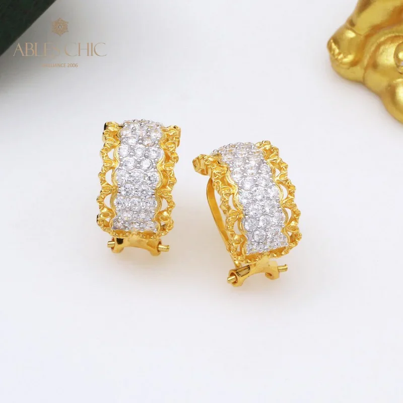 

18K Gold Tone Micro Paved CZ Inlay Hoop Earrings 925 Silver Renaissance Lace Wide Clip-on Women Wedding Earring C11E4S25392