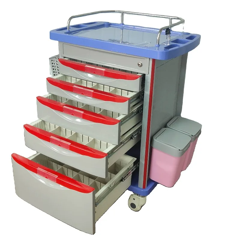 Hospital ABS Emergency Crash Trolley Medical Cart With Central Lock System and Five Drawer Storage