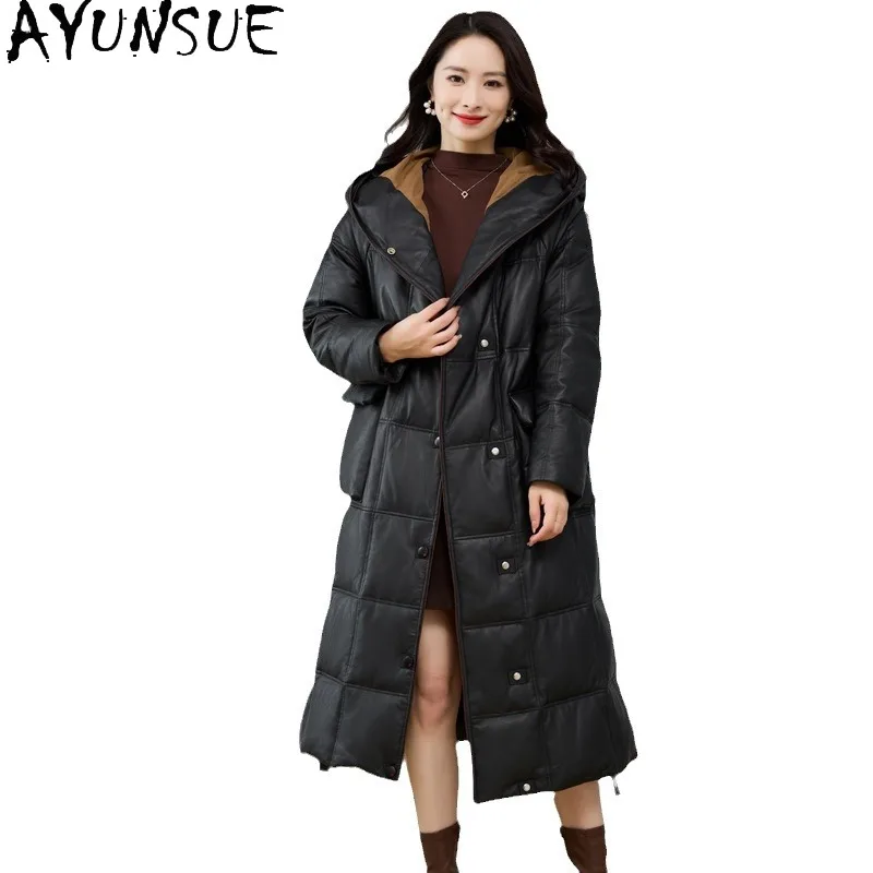 AYUNSUE 100 % Oberschicht Schaffell Echtes Leder Daunenjacke Damen Winterkleidung 2025 Mittellanger 90 % weißer Gänsedaunenmantel