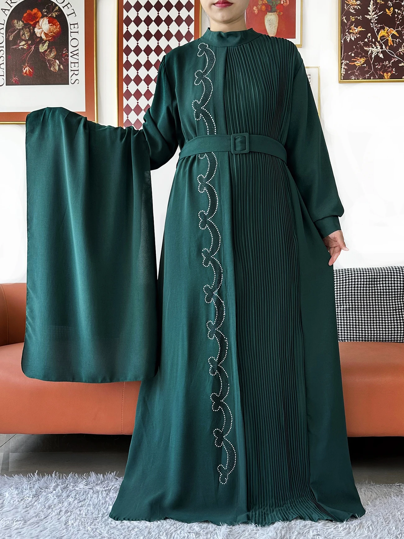 2026 Women Elegant Abaya Long Sleeve Chiffon Pleated Loose Dress Muslim Women Dress Islamic Clothing Cardigan Abaya Robe Dubai view 4