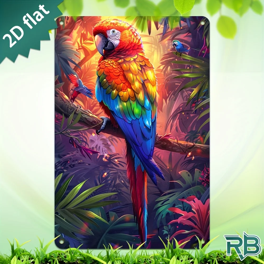 New Trendy HD Metal Wall Art - Vibrant Tropical Jungle Parrot Scene, 2D Flat Tin Sign, Colorful Rainbow Macaw Perched on Branch