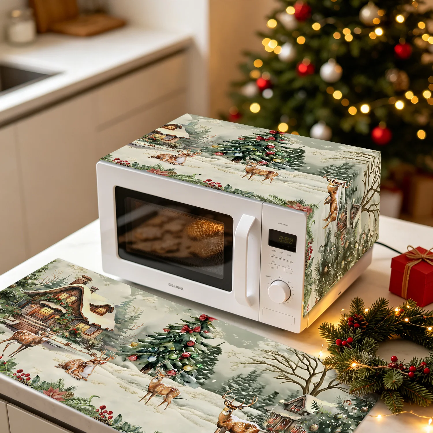 Kitchen Appliances For.Xmas - Penutup Microwave Motif Rusa Hutan Musim
