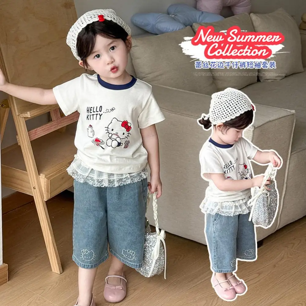 

Sanrio Hello Kitty Girls Short Sleeve Set Child T-Shirt Lace Jeans Cartoon Tops Shorts Cute Leisure Kid Pants Children's Clothes