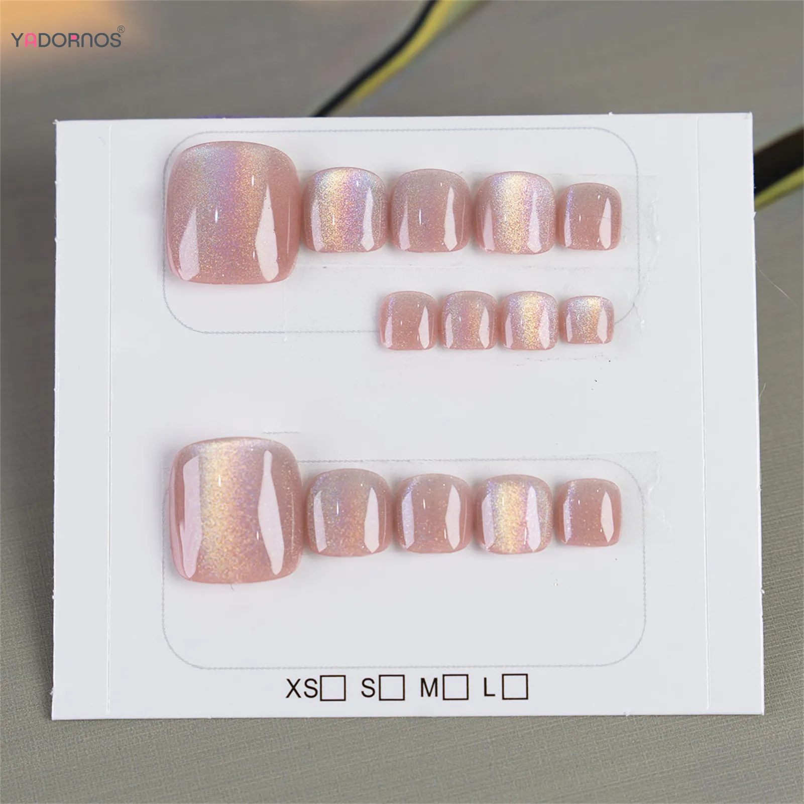 14Pcs Handmade Press on Toe Nails Glossy Rainbow Cat\'s Eyes Designs Fake Toenails Pink Charms Manicure Summer False Nails Tips