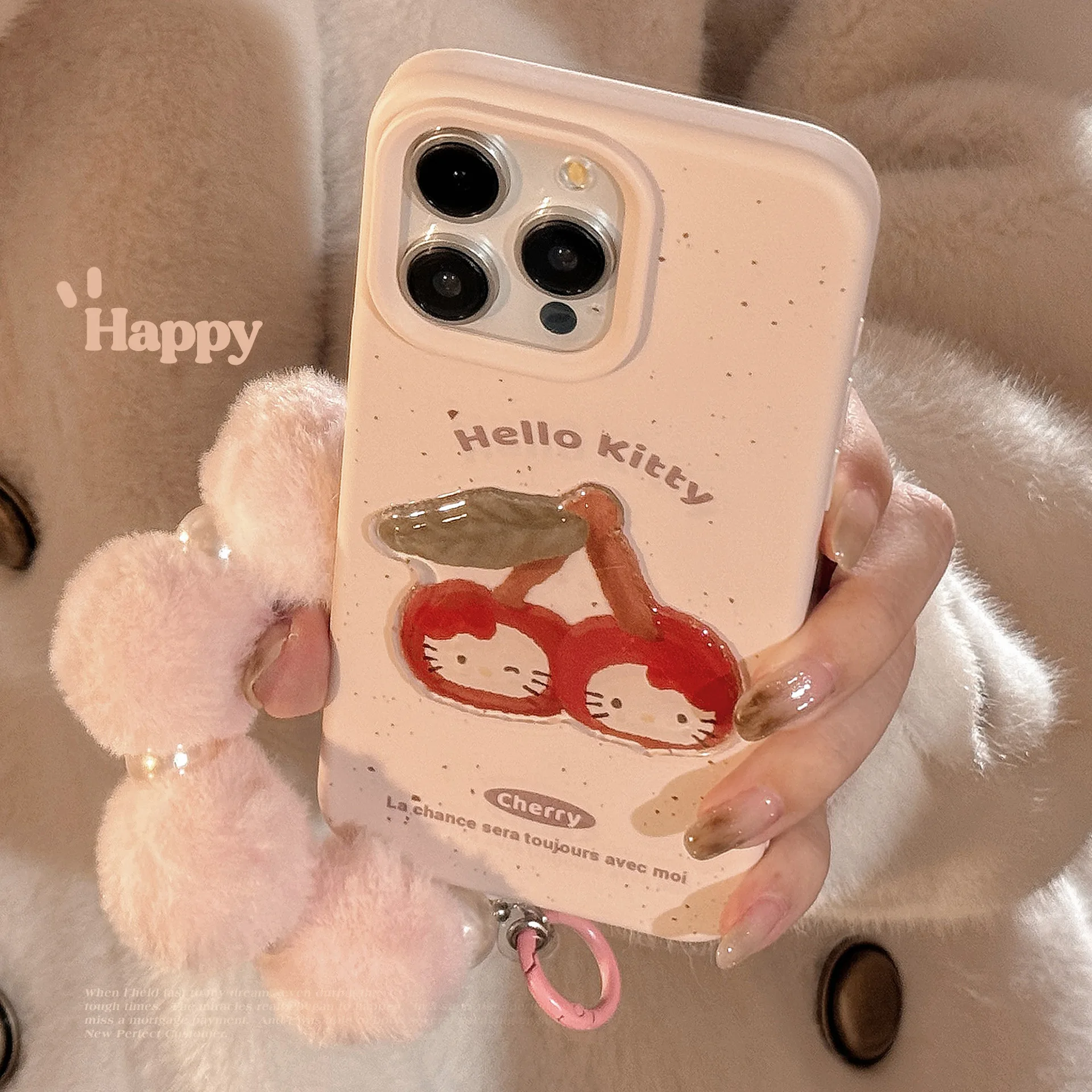 Sanrio Hello Kitty cherry bow kitten Plush pendant Phone case For iPhone 16 15 14 13 12 Pro Max Case Cute Luxury Cartoon Cover