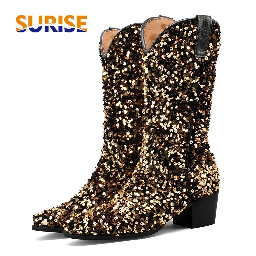 Bottes de cowgirl à enfiler mi-mollet pour femmes, bottes occidentales à paillettes, talons hauts et carrés, parka pointue, demi-bottes, or, rose, bleu, violet, bling