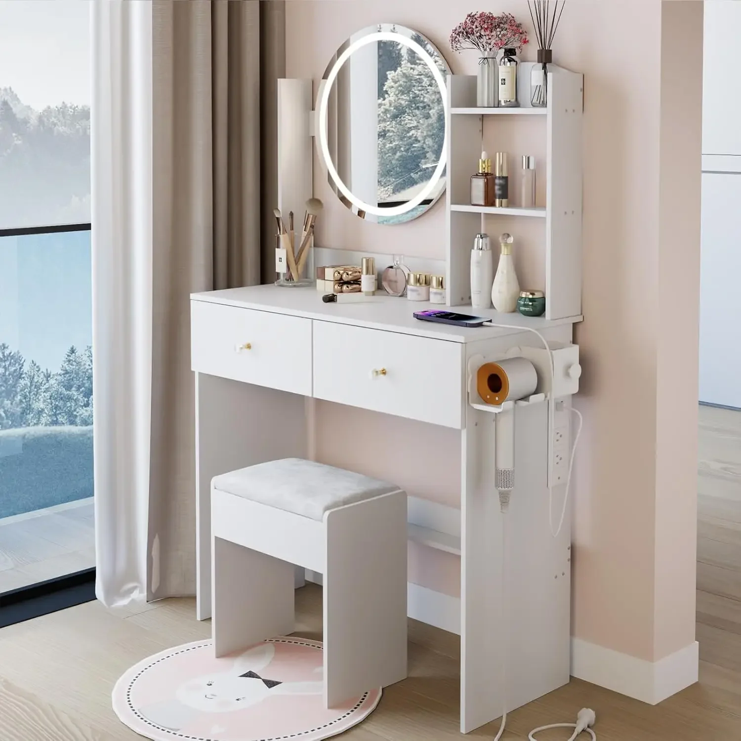 

Dressing Table Set Includes Vanity Mirror Stool Charging Station Storage Drawers Shelves Adjustable Light For Women Girls White