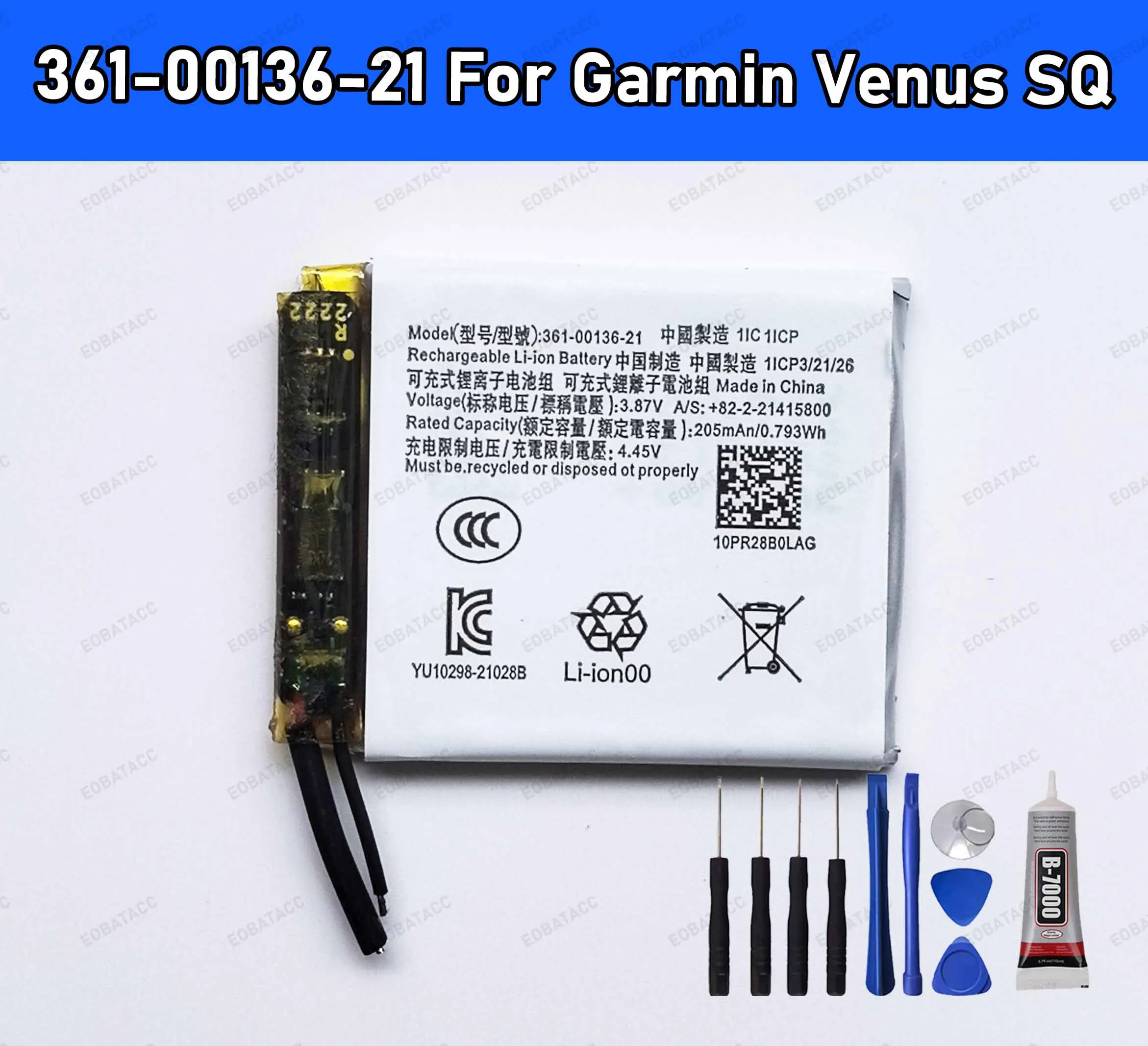 

100% New High Quanlity Battery 361-00136-21 205mAh 361-00136-10 For Garmin Venus SQ Venu SQ Music Watch Battery +free tools