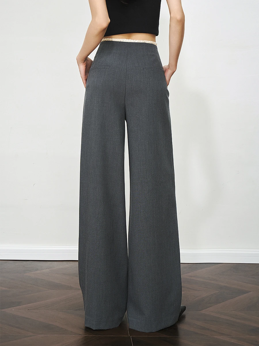 OLrain Summer Women's 2025 Grey Fungus Pants High Waist Elegant Casual Contrasting Combined Straight Legs Lady Pants O57XK99258