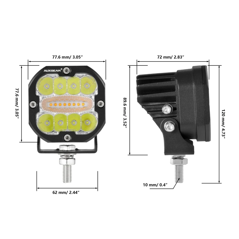 Auxbeam 3 Inch 96W LED Square Work Light Amber White 6 Modes Driving Light with Harness for Truck Pickup Offroad