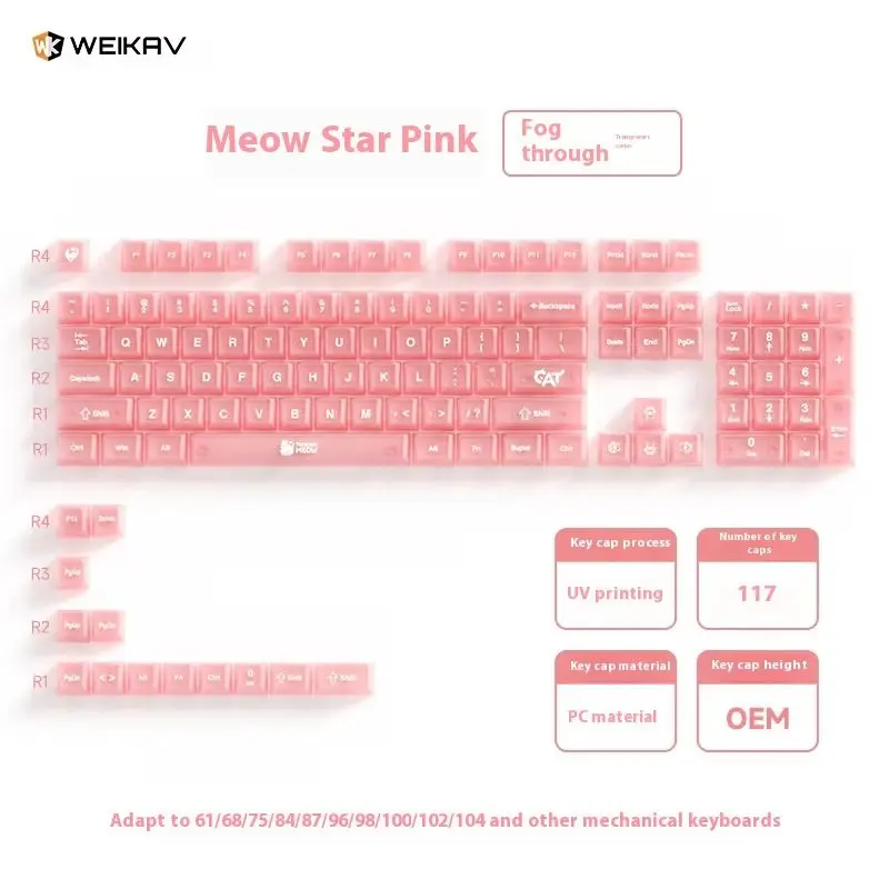 Weikav Pink Red PC Fog Through The Keycap Rose Story Meow Star für 61/68/75/87/98/104 Tastenkappen, Überraschungsgeschenk