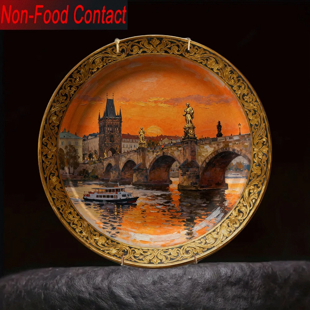 Placa decorativa de cerâmica boêmia, segura para contato sem alimentos, decoração de mesa redonda elegante com ponte vibrante de praga charles, 1 peça