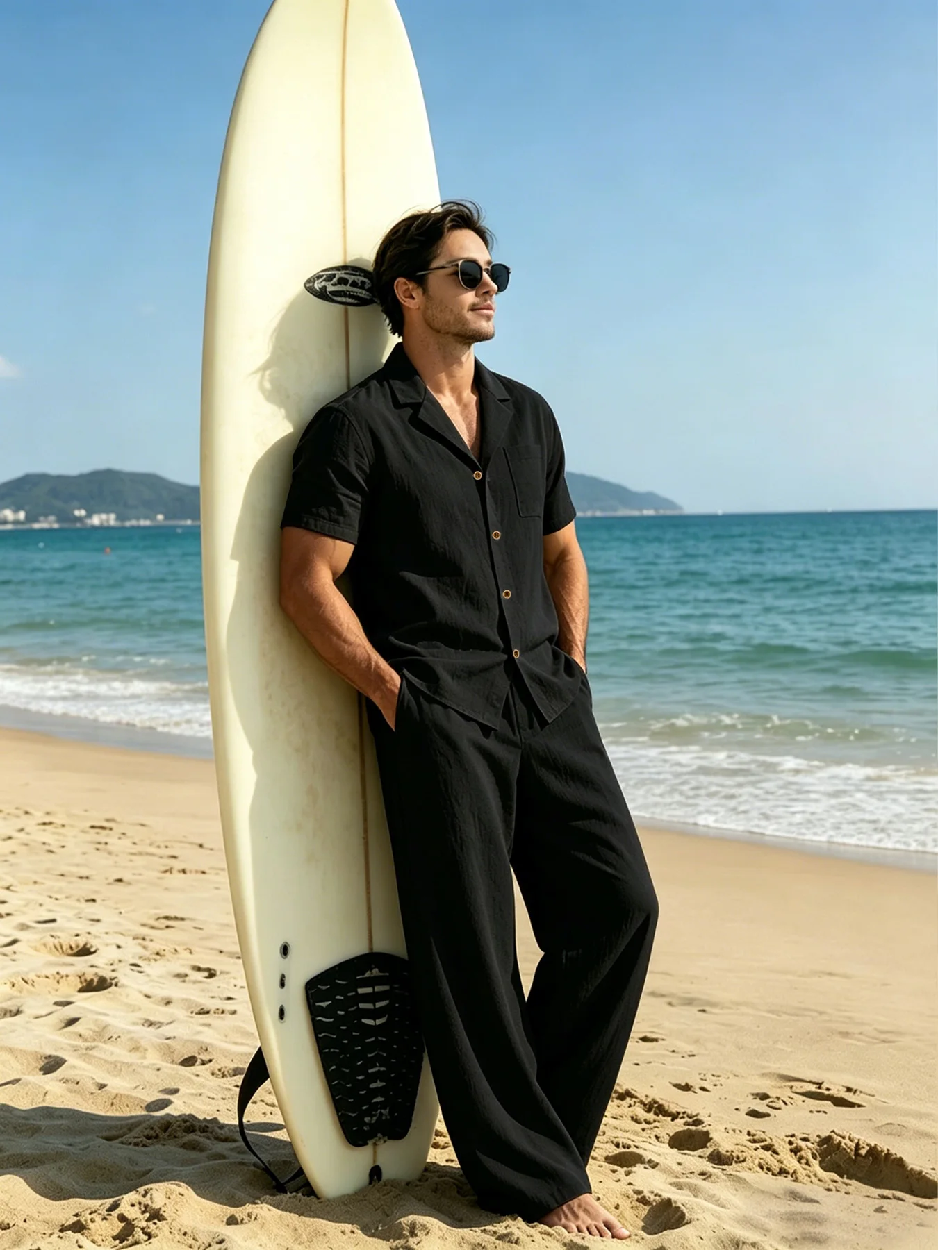 Men 2 Piece Crinkle Textured Vacation Matching Set Cuban Notch Collar Chest Pocket Short Sleeve Button Shirt Elastic Drawstring view 4