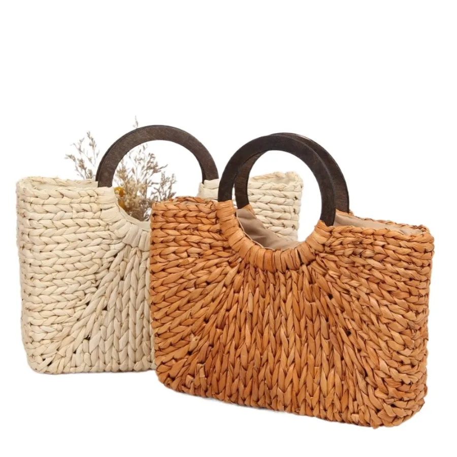 

Summer Fashion Niche Wooden Handle Tote Corn Leather Woven Beach Bag Mori Solid Color Simple Large Capacity Women's Bag