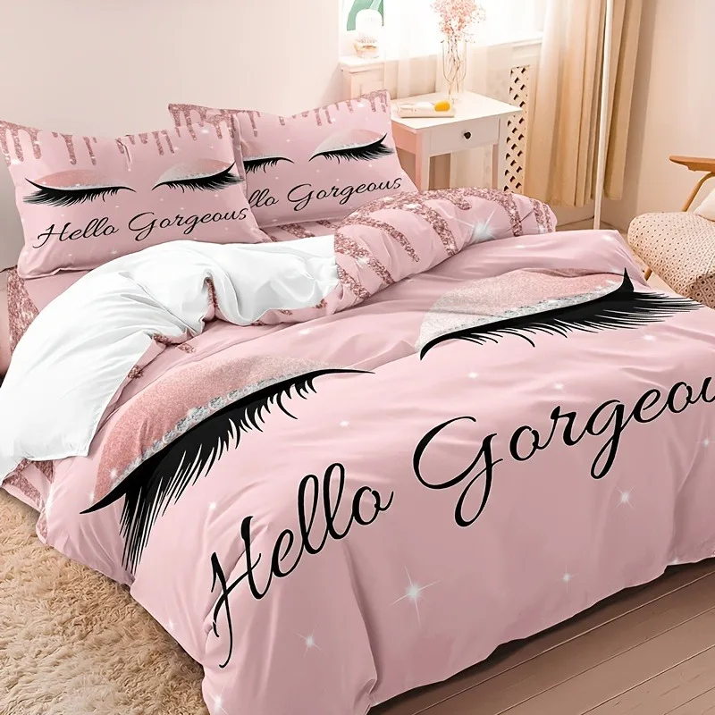 

Hello Gorgeous Eyelash Print Bedding Set, Pink Glitter Duvet Cover with Pillowcases, Soft Microfiber Bed Linen for Girls
